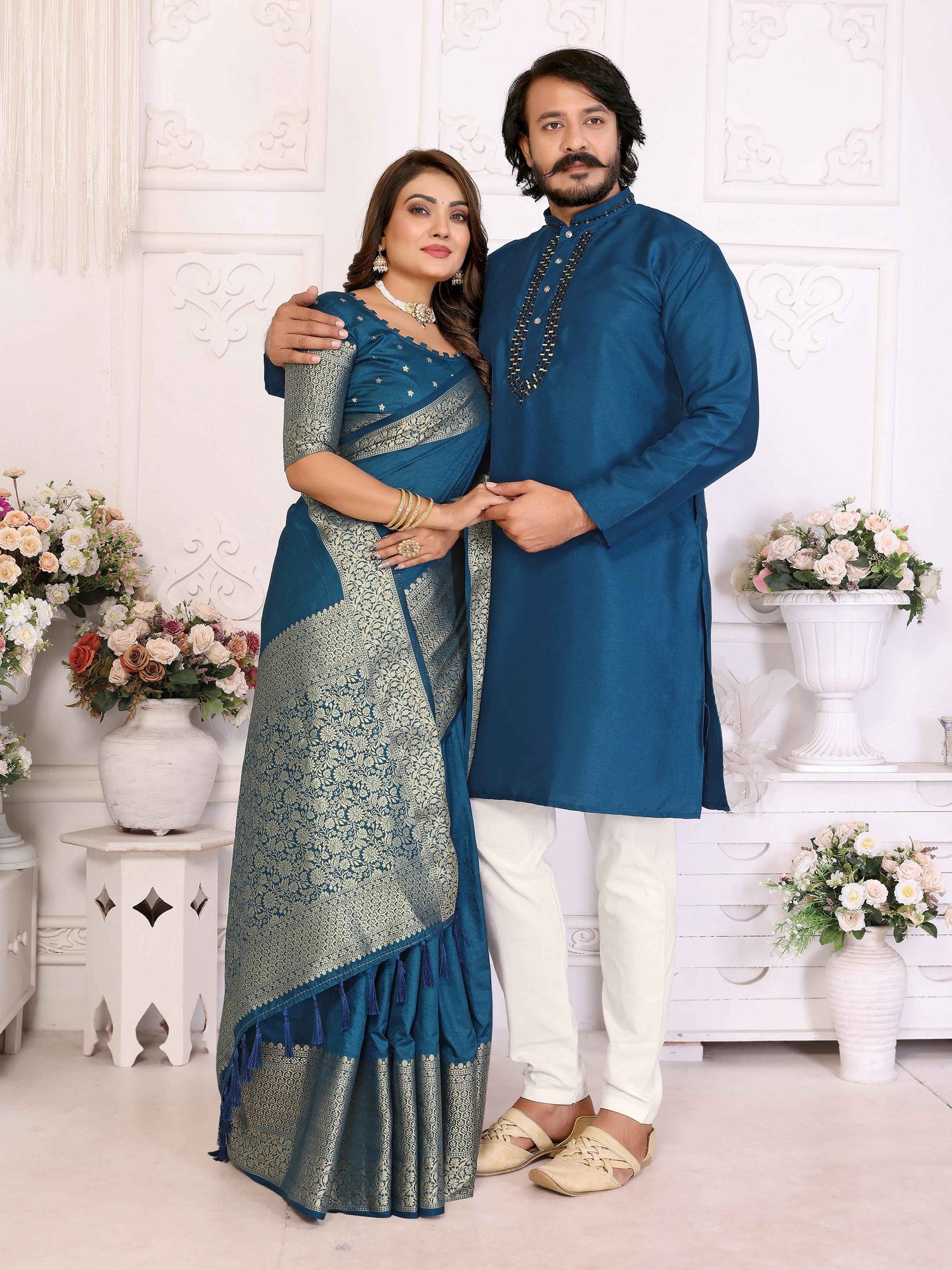 Blue Pure Dola Silk Saree With Silky Kurta Pajama Jacket Matching Couple Combo Set
