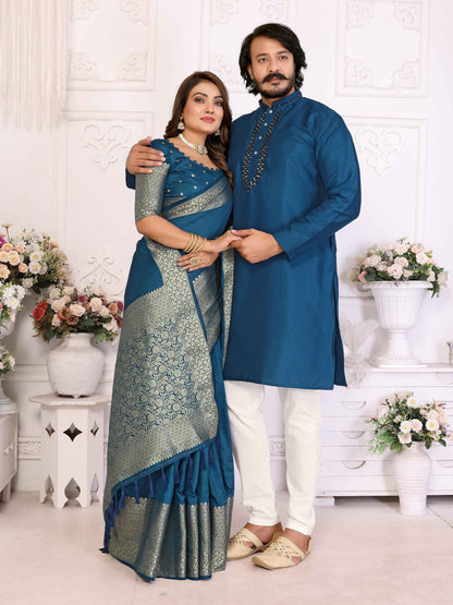 Blue Pure Dola Silk Saree With Silky Kurta Pajama Jacket Matching Couple Combo Set