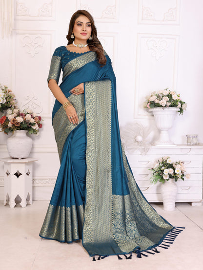 Blue Pure Dola Silk Saree With Silky Kurta Pajama Jacket Matching Couple Combo Set