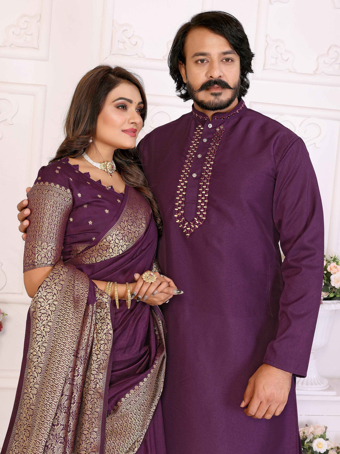 Purple Pure Dola Silk Saree With Silky Kurta Pajama Jacket Matching Couple Combo Set