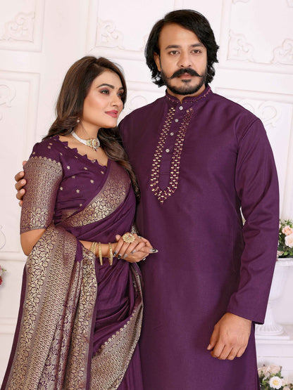 Purple Pure Dola Silk Saree With Silky Kurta Pajama Jacket Matching Couple Combo Set