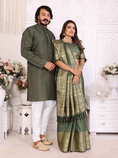 Mahendi Pure Dola Silk Saree With Silky Kurta Pajama Jacket Matching Couple Combo Set