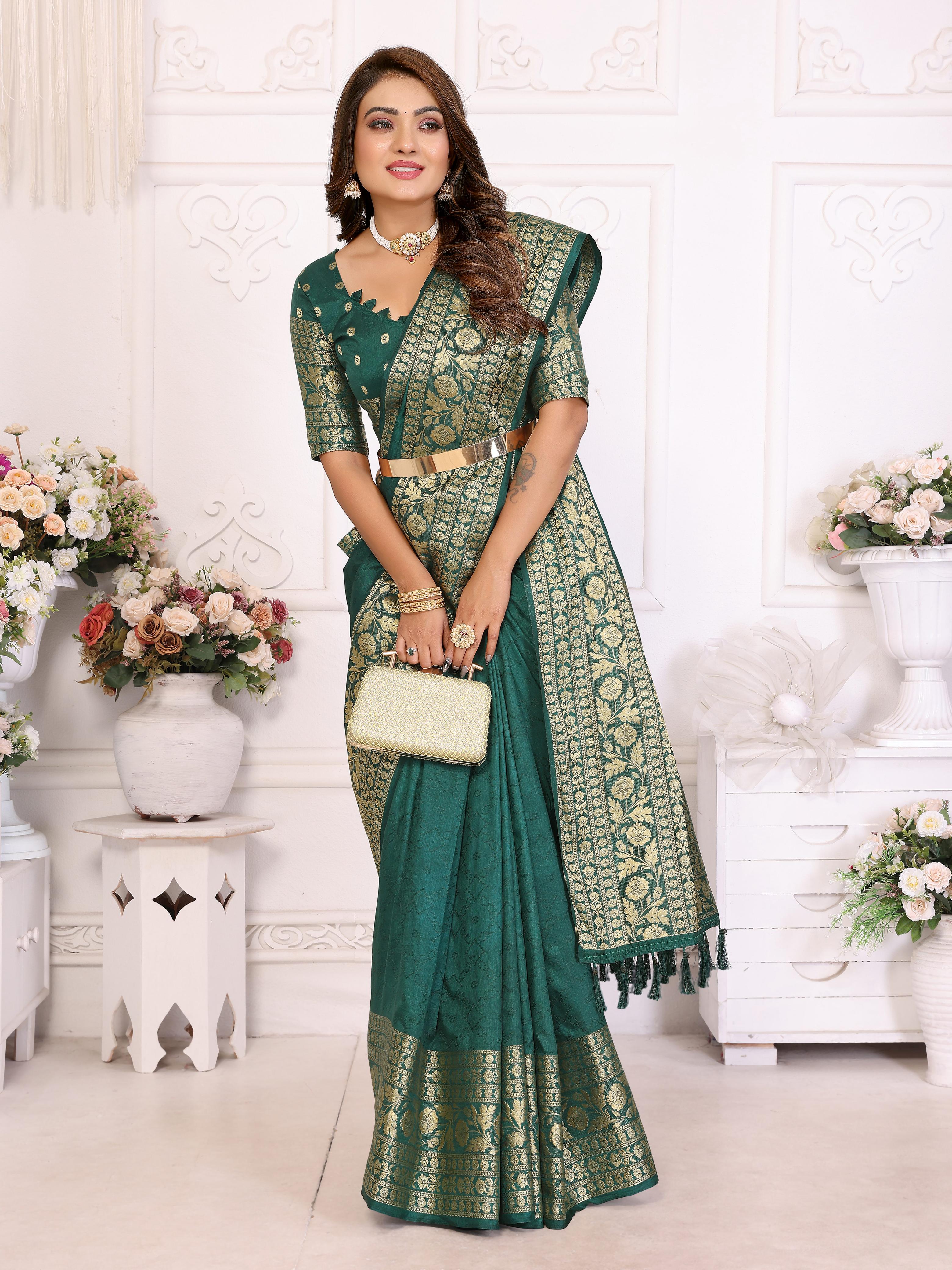 Green Pure Dola Silk Saree With Silky Kurta Pajama Jacket Matching Couple Combo Set
