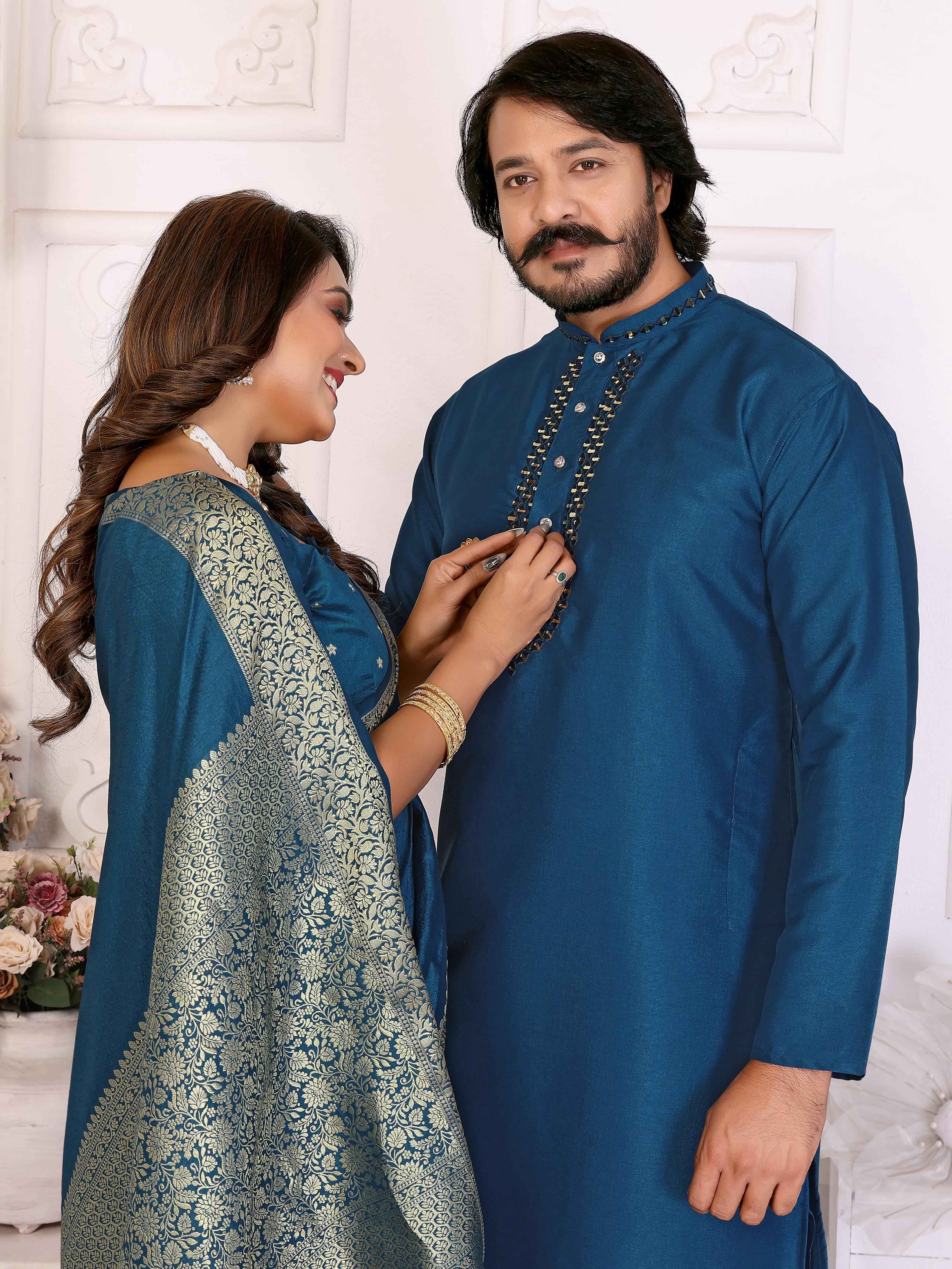 Blue Pure Dola Silk Saree With Silky Kurta Pajama Jacket Matching Couple Combo Set