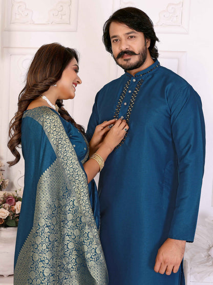 Blue Pure Dola Silk Saree With Silky Kurta Pajama Jacket Matching Couple Combo Set