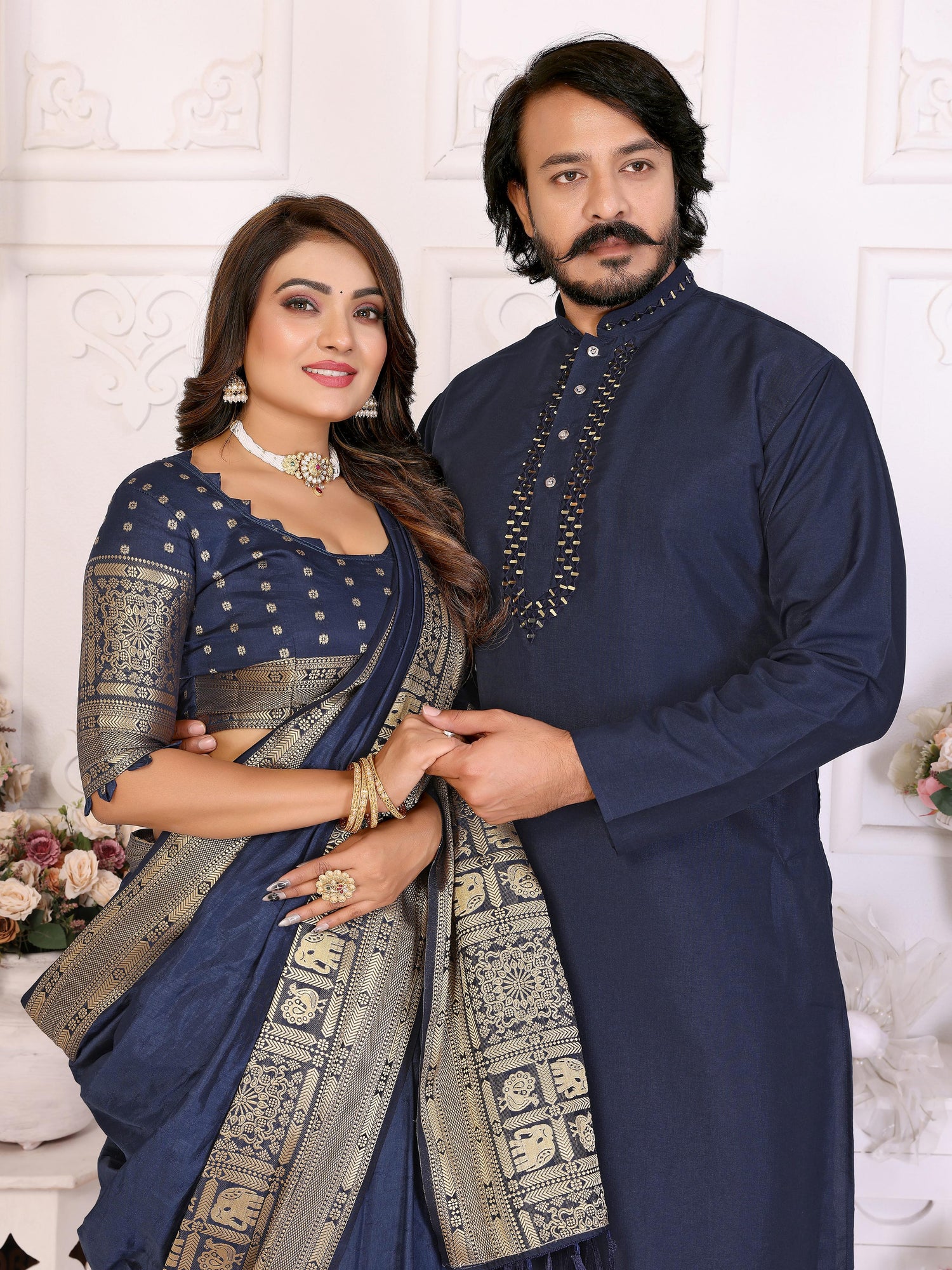 Navy Blue Pure Dola Silk Saree With Silky Kurta Pajama Jacket Matching Couple Combo Set