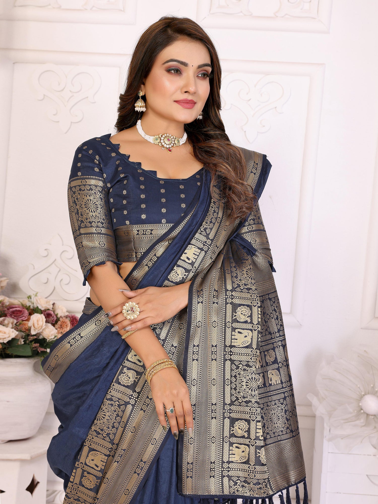 Navy Blue Pure Dola Silk Saree With Silky Kurta Pajama Jacket Matching Couple Combo Set