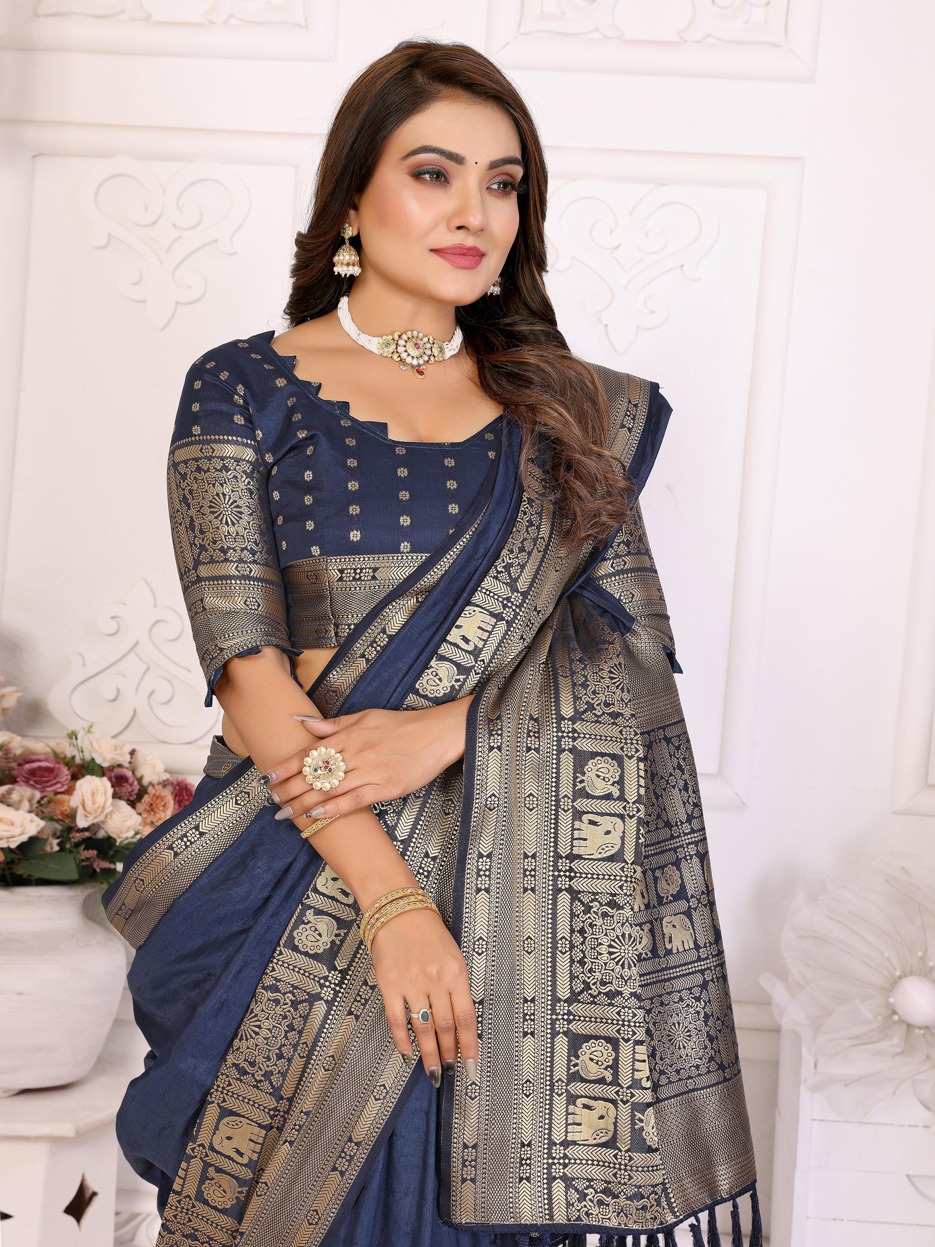 Navy Blue Pure Dola Silk Saree With Silky Kurta Pajama Jacket Matching Couple Combo Set