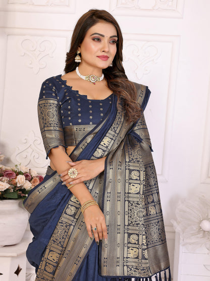 Navy Blue Pure Dola Silk Saree With Silky Kurta Pajama Jacket Matching Couple Combo Set