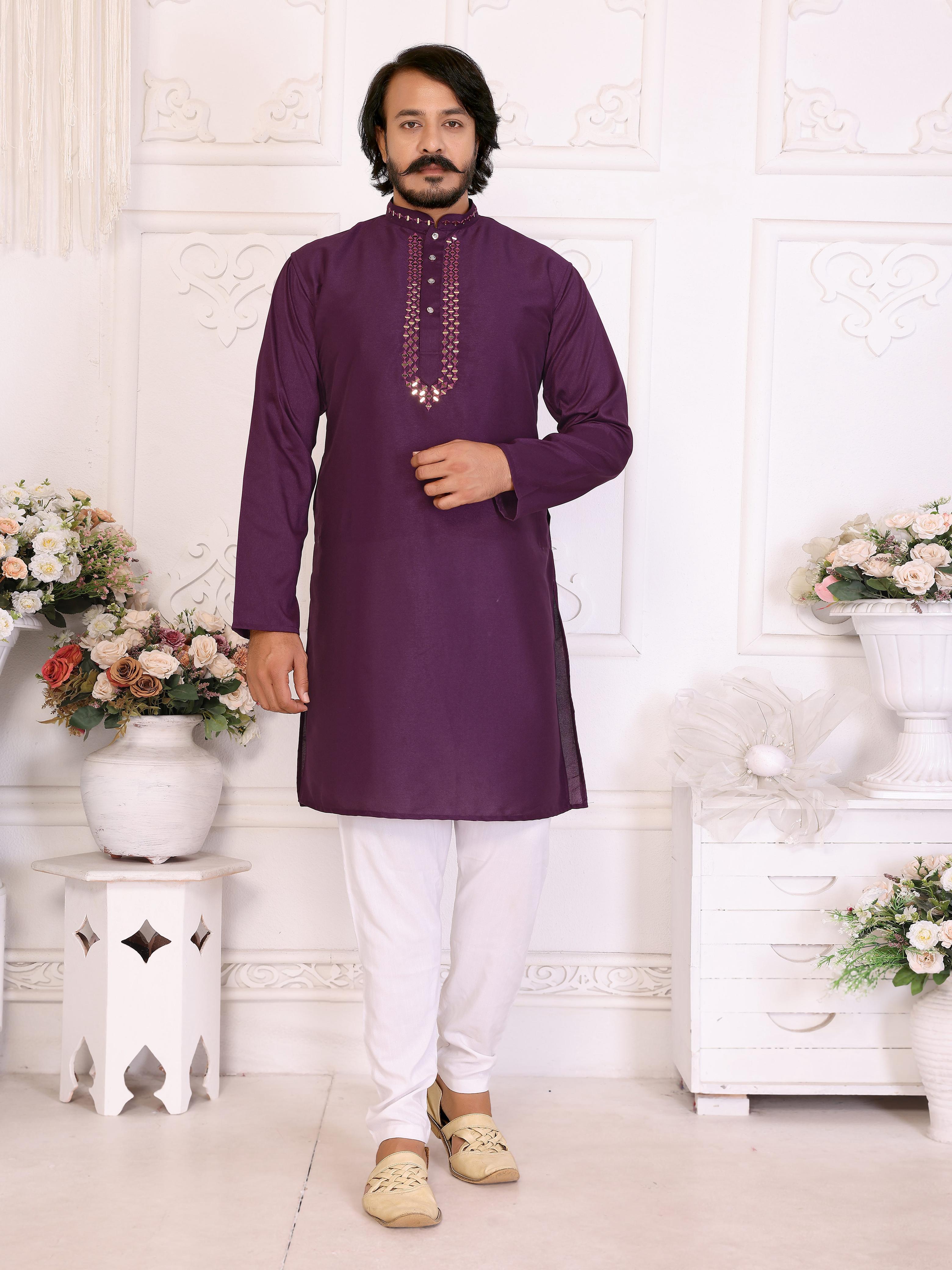 Purple Pure Dola Silk Saree With Silky Kurta Pajama Jacket Matching Couple Combo Set