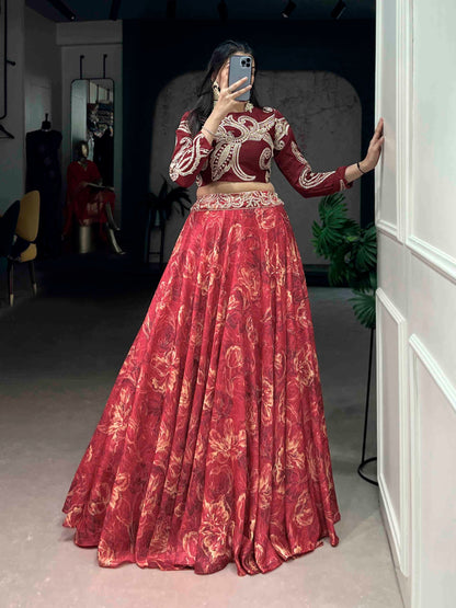 Red Pure Tasar Silk Printed Sequins &amp; Thread Embroidery Work Co ord Lehenga Set