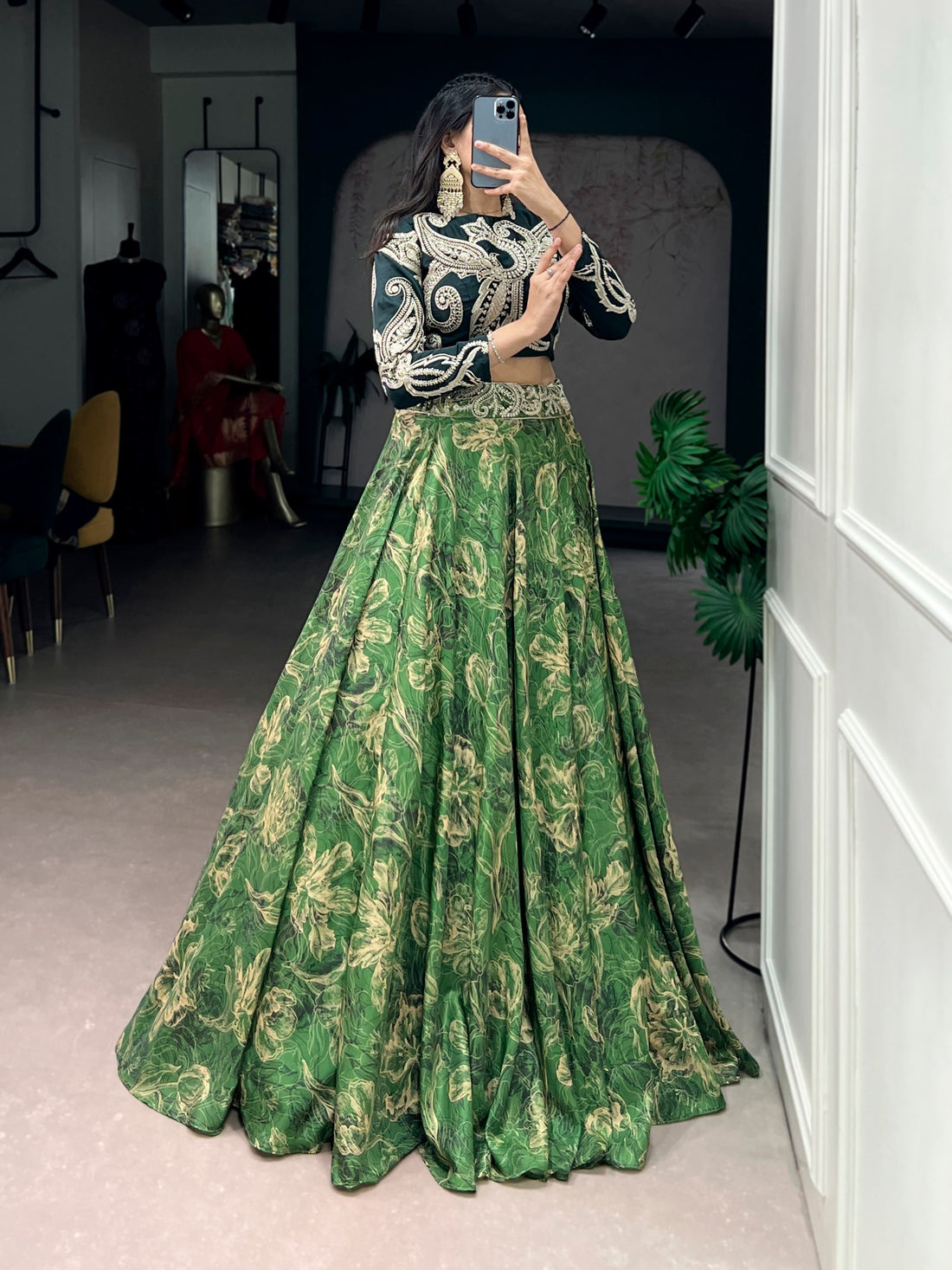 Green Pure Tasar Silk Printed Sequins &amp; Thread Embroidery Work Co ord Lehenga Set