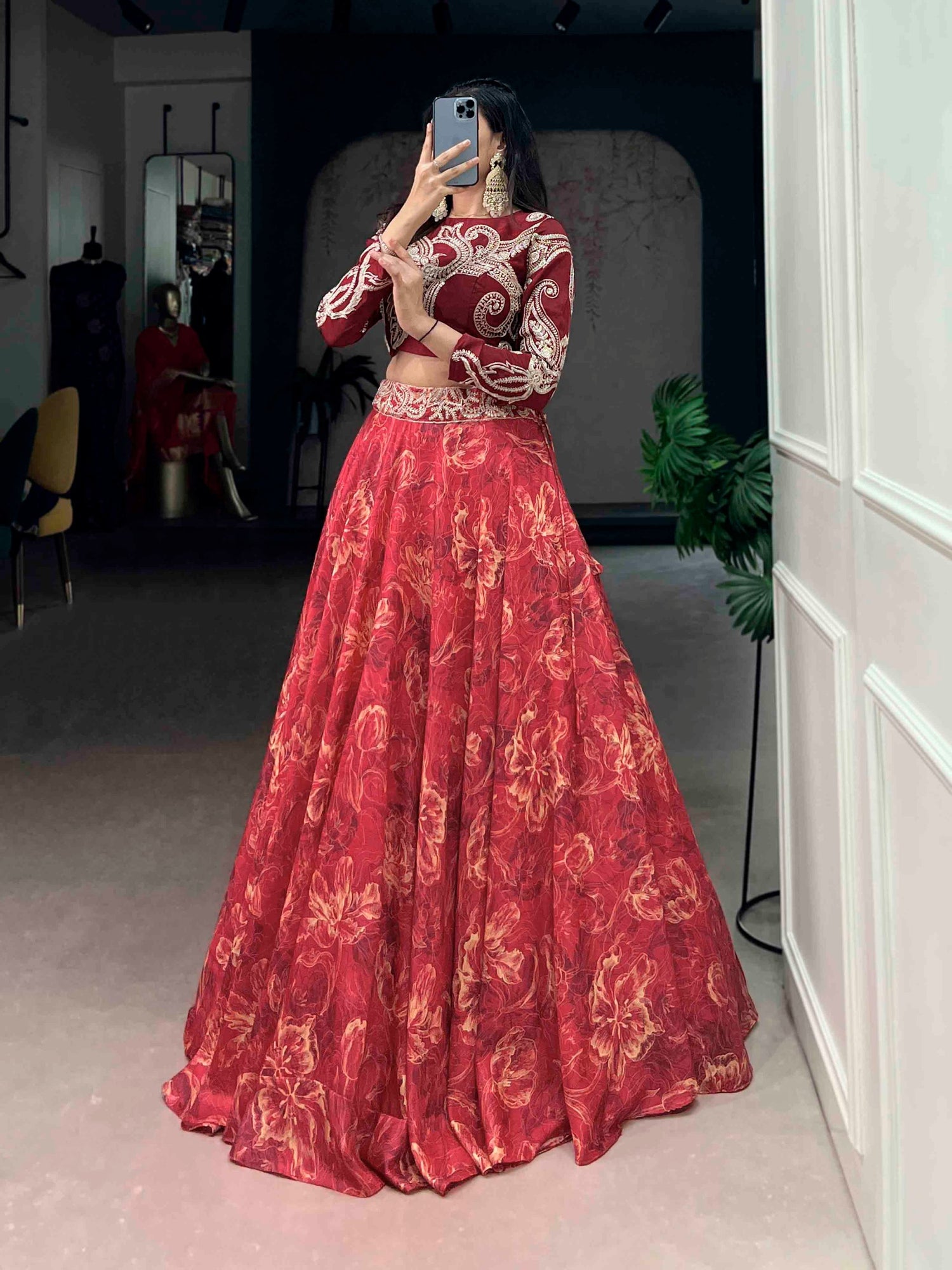 Red Pure Tasar Silk Printed Sequins &amp; Thread Embroidery Work Co ord Lehenga Set