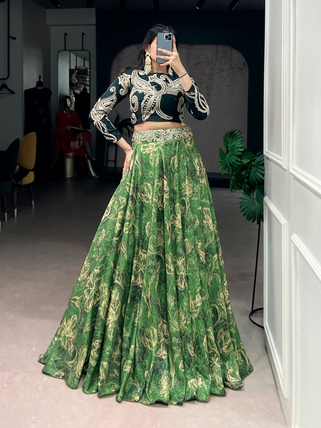Green Pure Tasar Silk Printed Sequins &amp; Thread Embroidery Work Co ord Lehenga Set