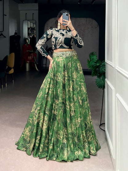 Green Pure Tasar Silk Printed Sequins &amp; Thread Embroidery Work Co ord Lehenga Set