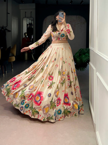 Cream Pure Tasar Silk Printed Sequins &amp; Thread Embroidery Work Co ord Lehenga Set