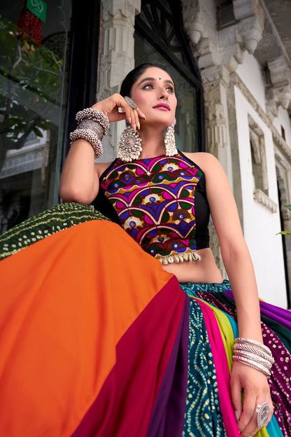 Multicolour Pure Reyon Cotton Embroidery Work Navratri Lehenga Choli