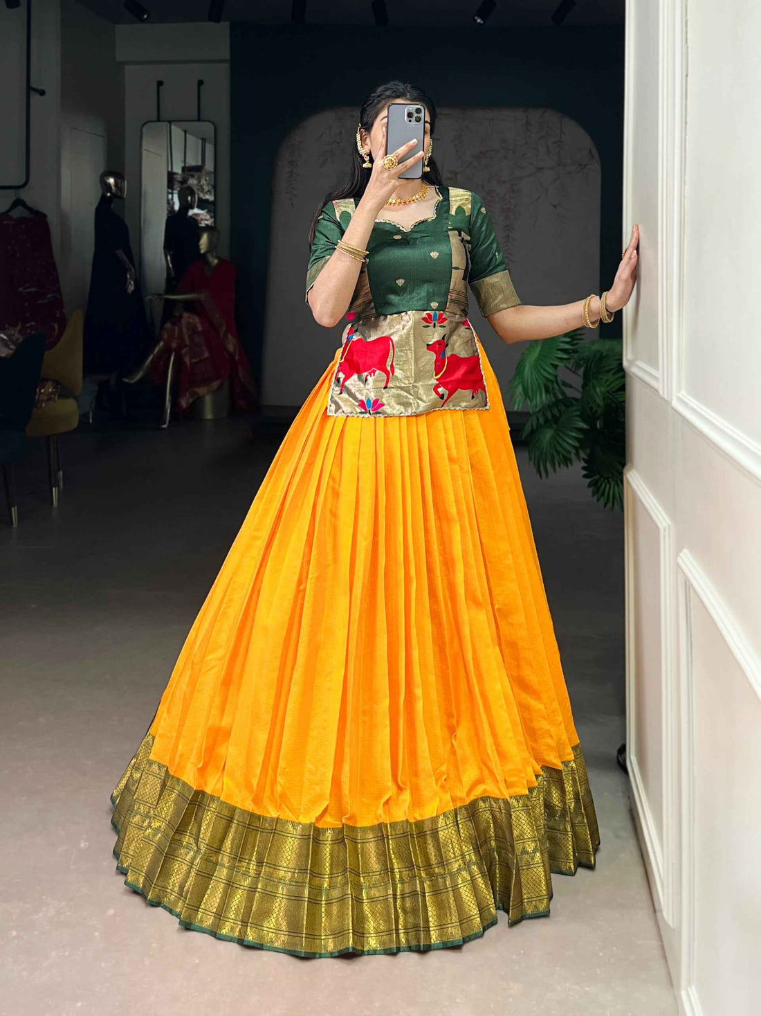 Mustard Pure Cotton Silk Zari Weaving Work Navratri Lehenga Choli