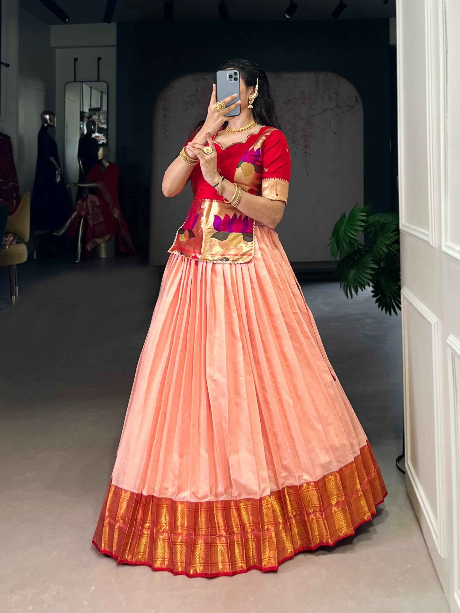 Peach Pure Cotton Silk Zari Weaving Work Navratri Lehenga Choli