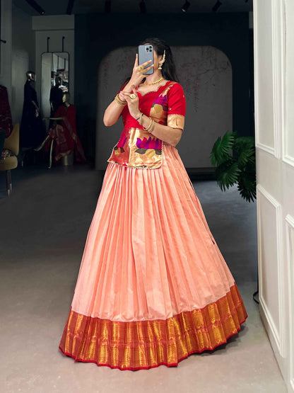 Peach Pure Cotton Silk Zari Weaving Work Navratri Lehenga Choli