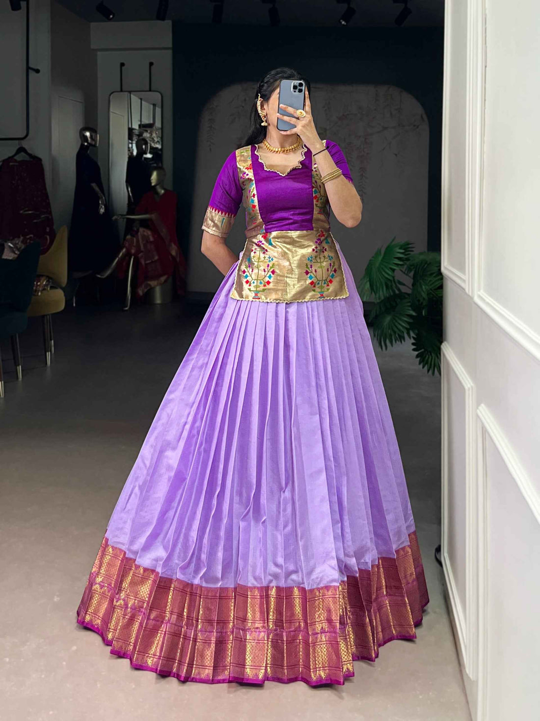 Lavender Pure Cotton Silk Zari Weaving Work Navratri Lehenga Choli
