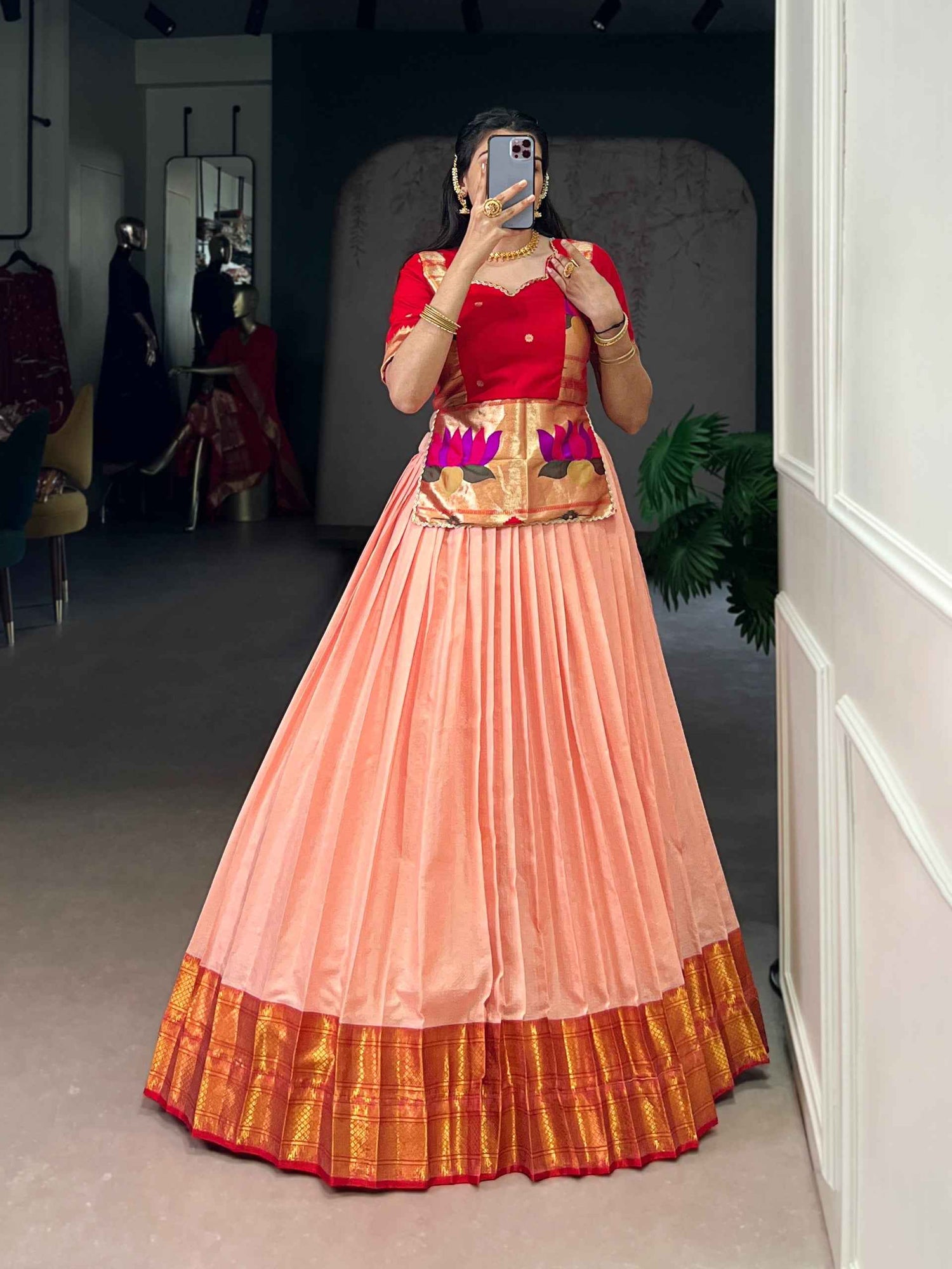 Peach Pure Cotton Silk Zari Weaving Work Navratri Lehenga Choli