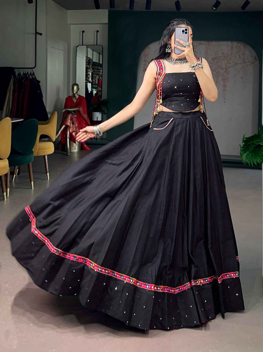 Black Pure Cotton with Mirror Work Navratri Lehenga Choli