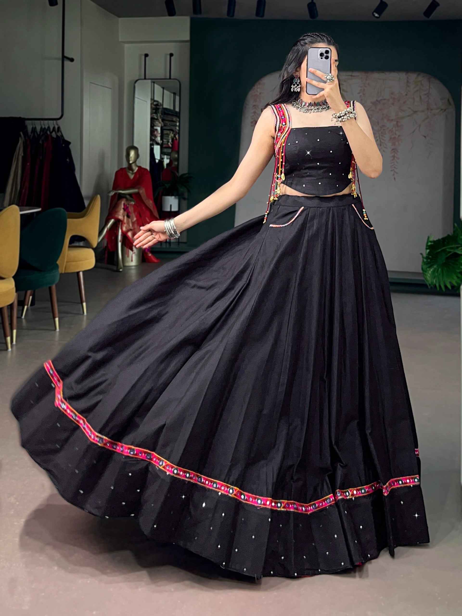 Black Pure Cotton with Mirror Work Navratri Lehenga Choli