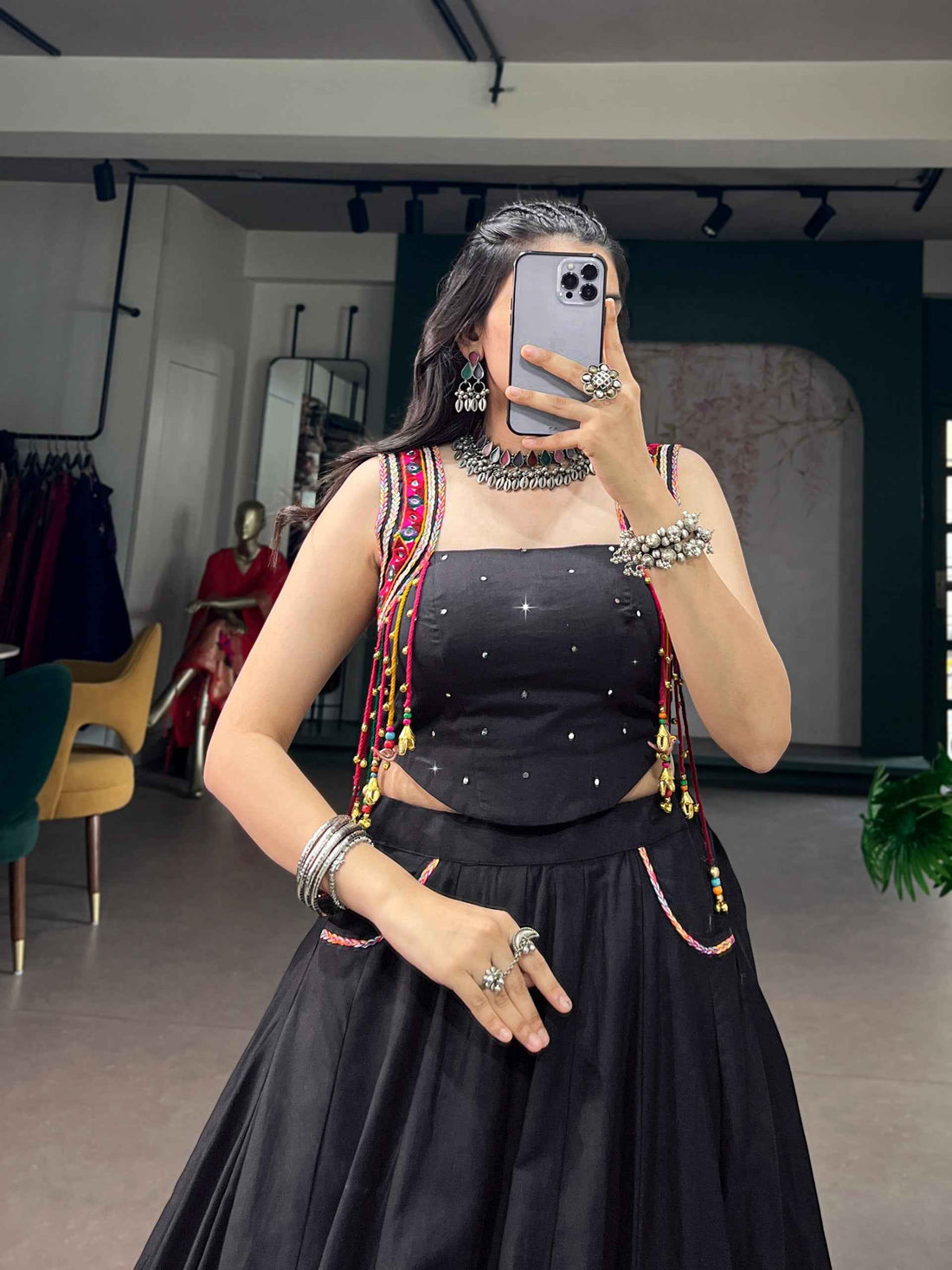 Black Pure Cotton with Mirror Work Navratri Lehenga Choli