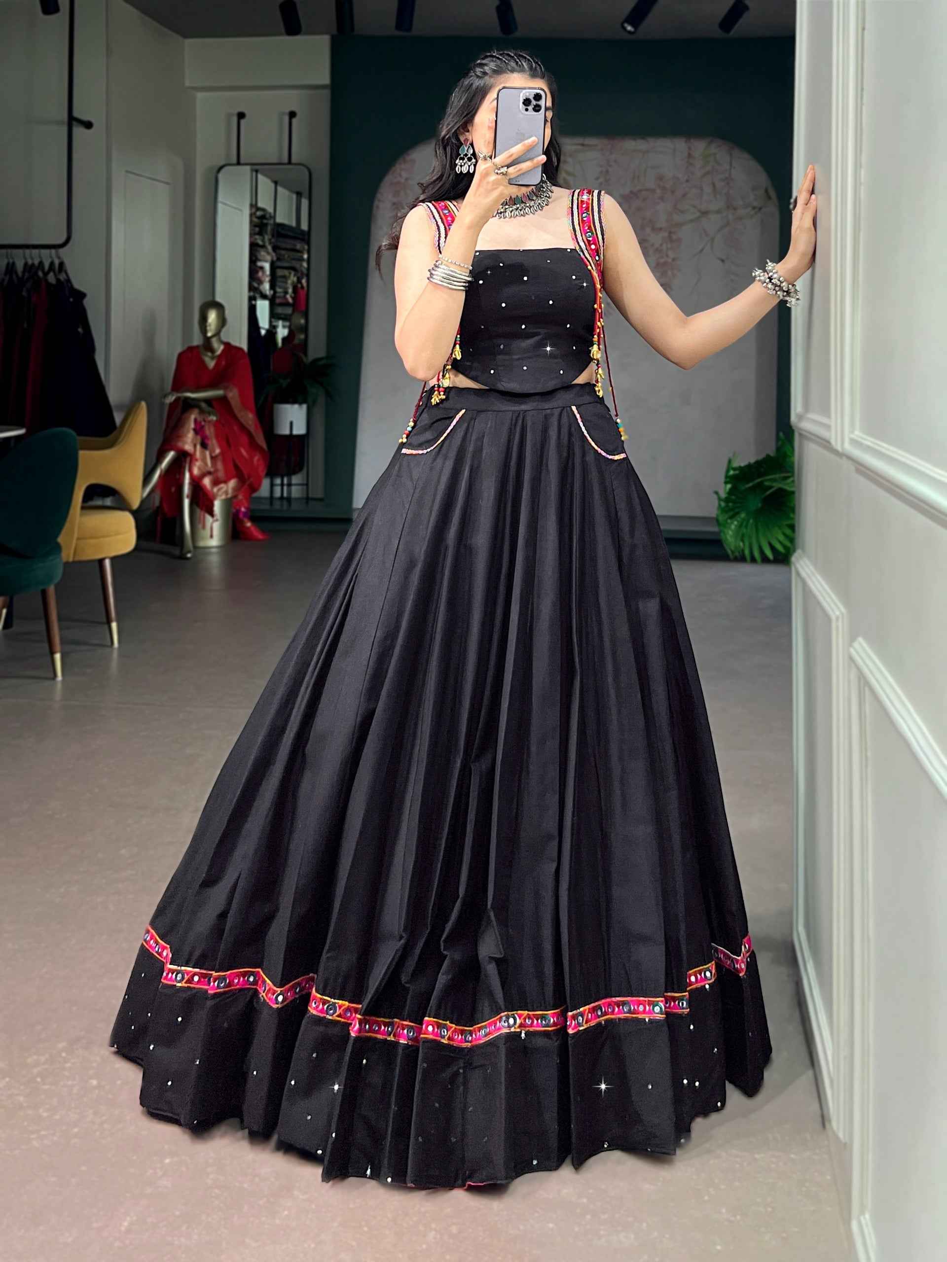 Black Pure Cotton with Mirror Work Navratri Lehenga Choli