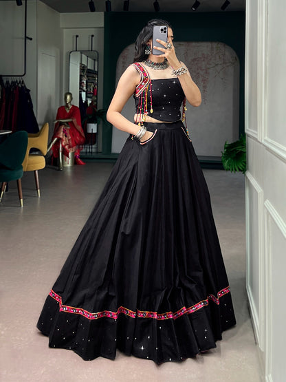 Black Pure Cotton with Mirror Work Navratri Lehenga Choli
