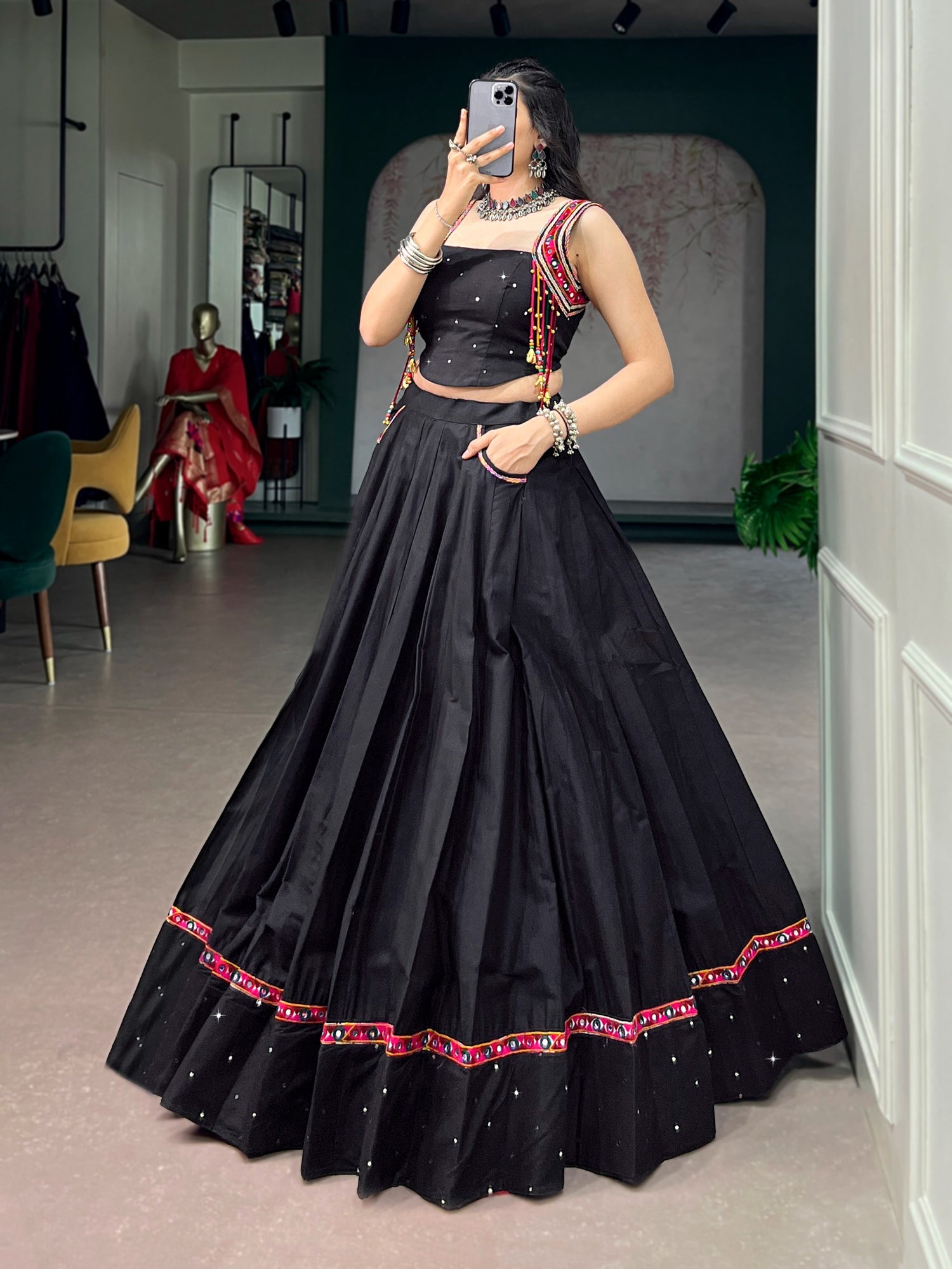 Black Pure Cotton with Mirror Work Navratri Lehenga Choli