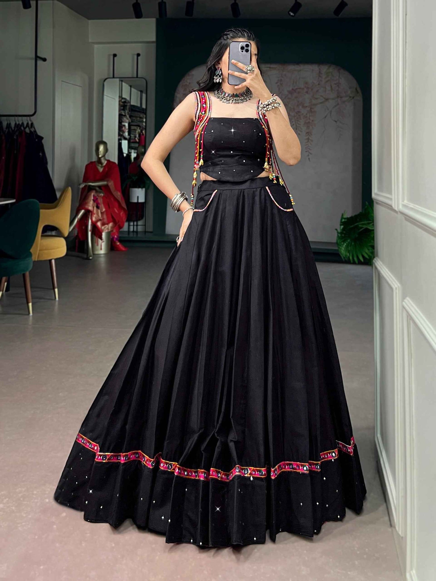 Black Pure Cotton with Mirror Work Navratri Lehenga Choli