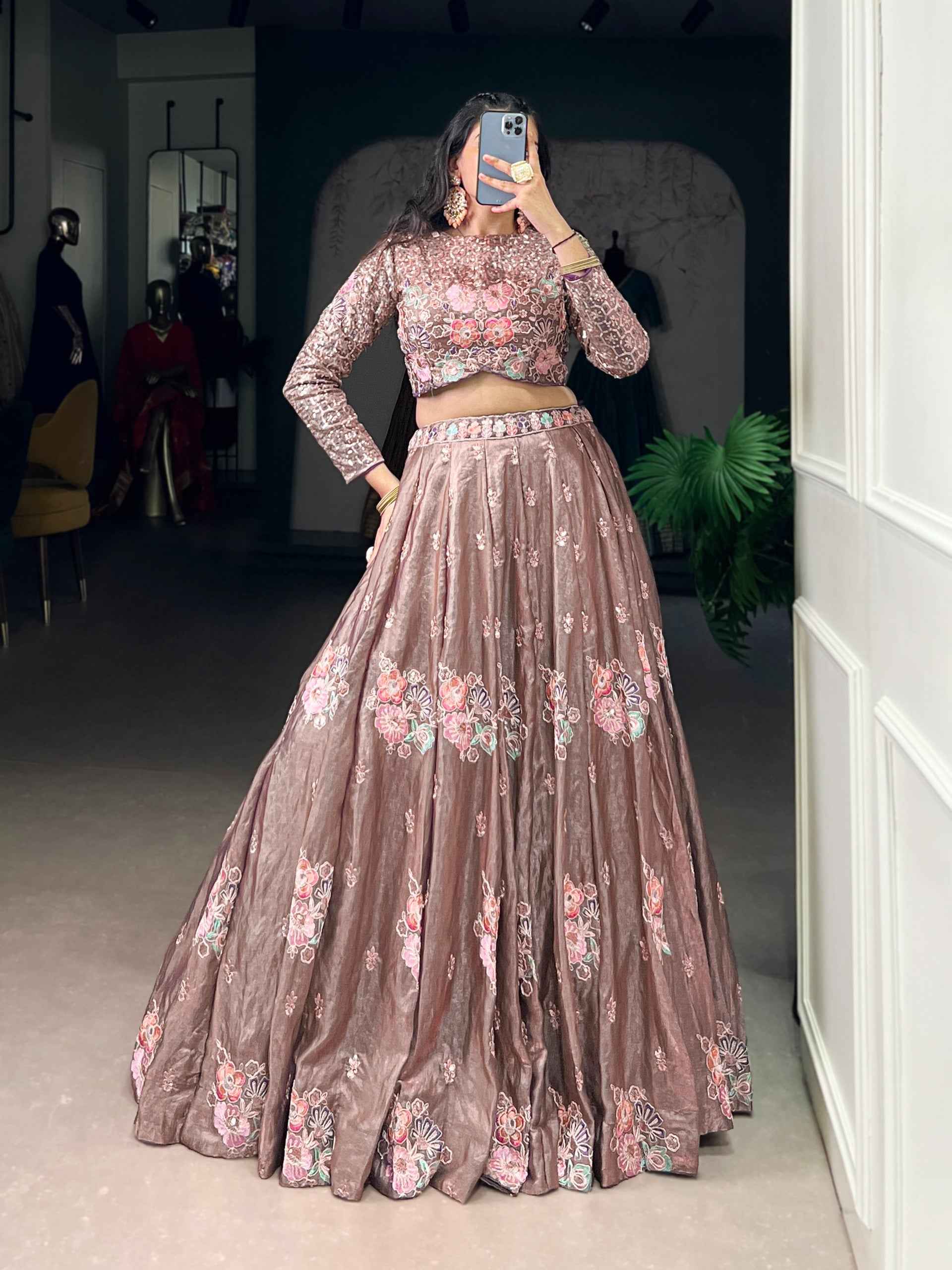 Onion Pure Fendi Sequins &amp; Thread Embroidery Work Co ord Lehenga Set