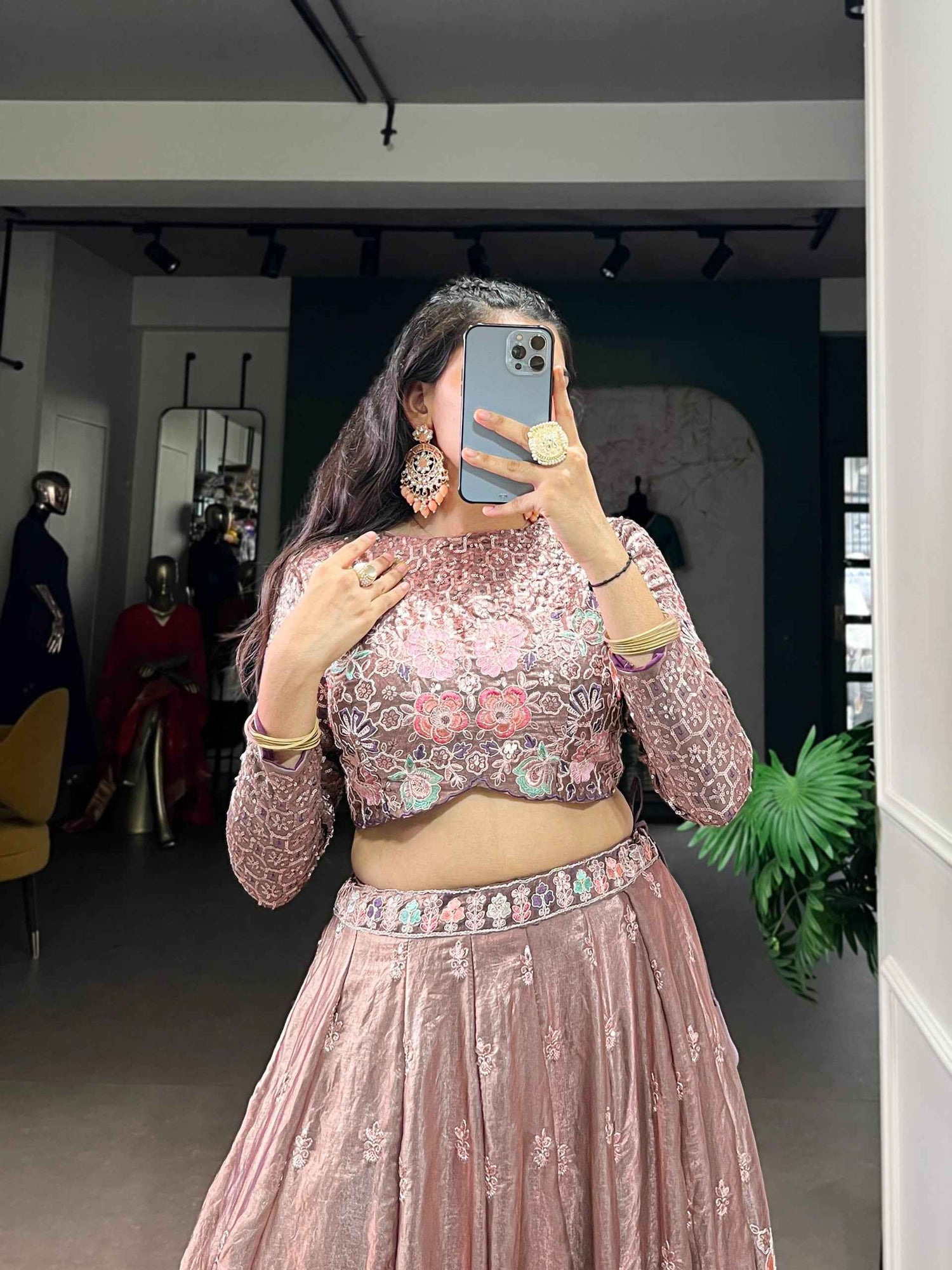 Onion Pure Fendi Sequins &amp; Thread Embroidery Work Co ord Lehenga Set