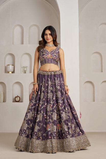 Royal Purple Crepe Silk Lehenga Choli with Floral Embroidery
