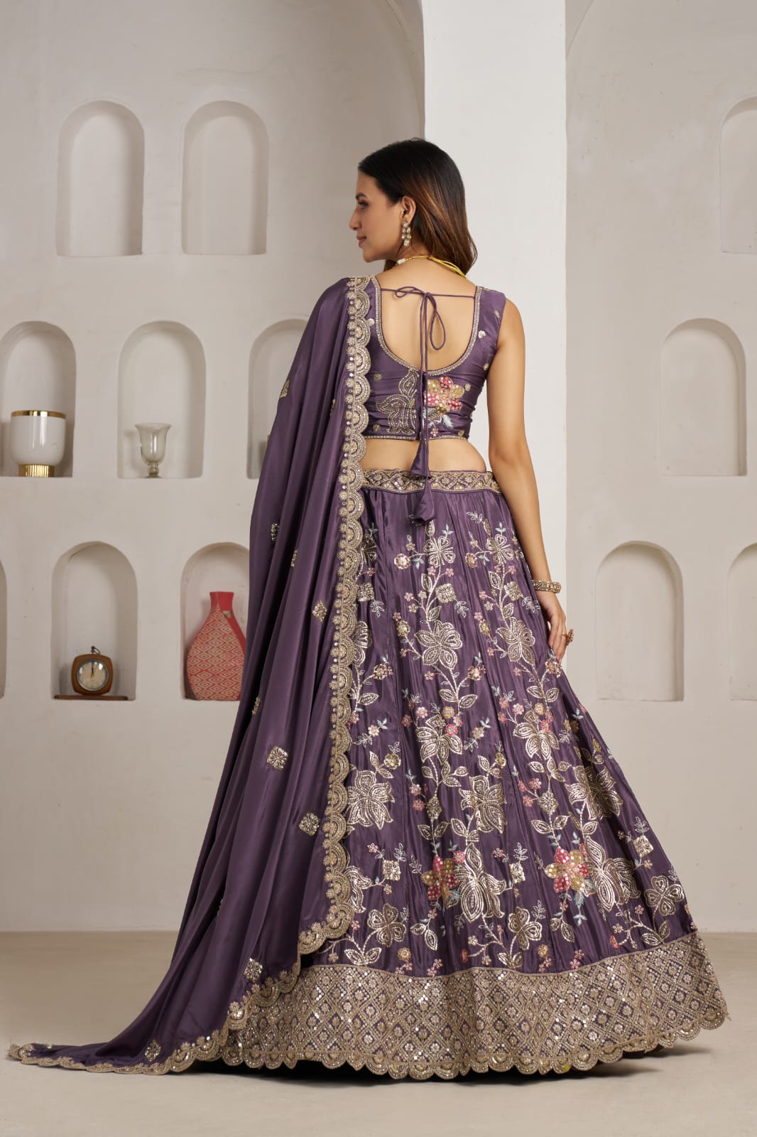 Royal Purple Crepe Silk Lehenga Choli with Floral Embroidery