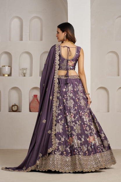 Royal Purple Crepe Silk Lehenga Choli with Floral Embroidery