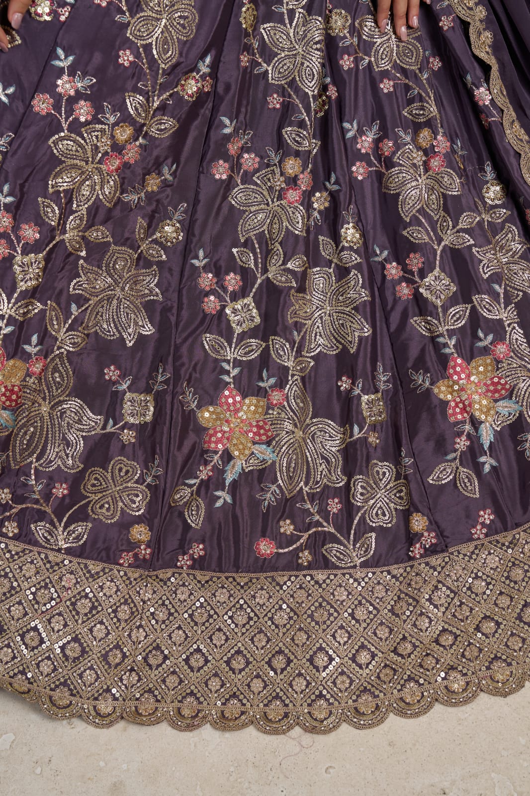 Royal Purple Crepe Silk Lehenga Choli with Floral Embroidery