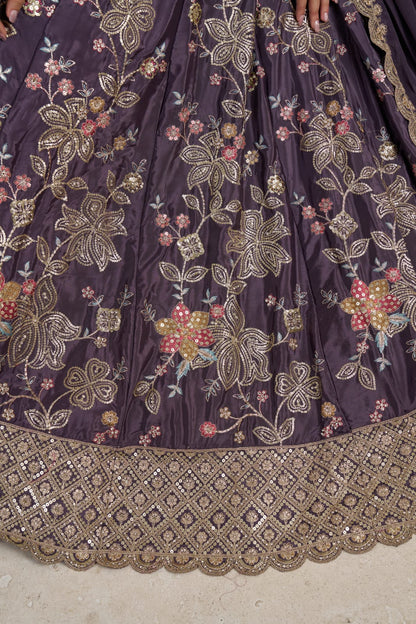 Royal Purple Crepe Silk Lehenga Choli with Floral Embroidery