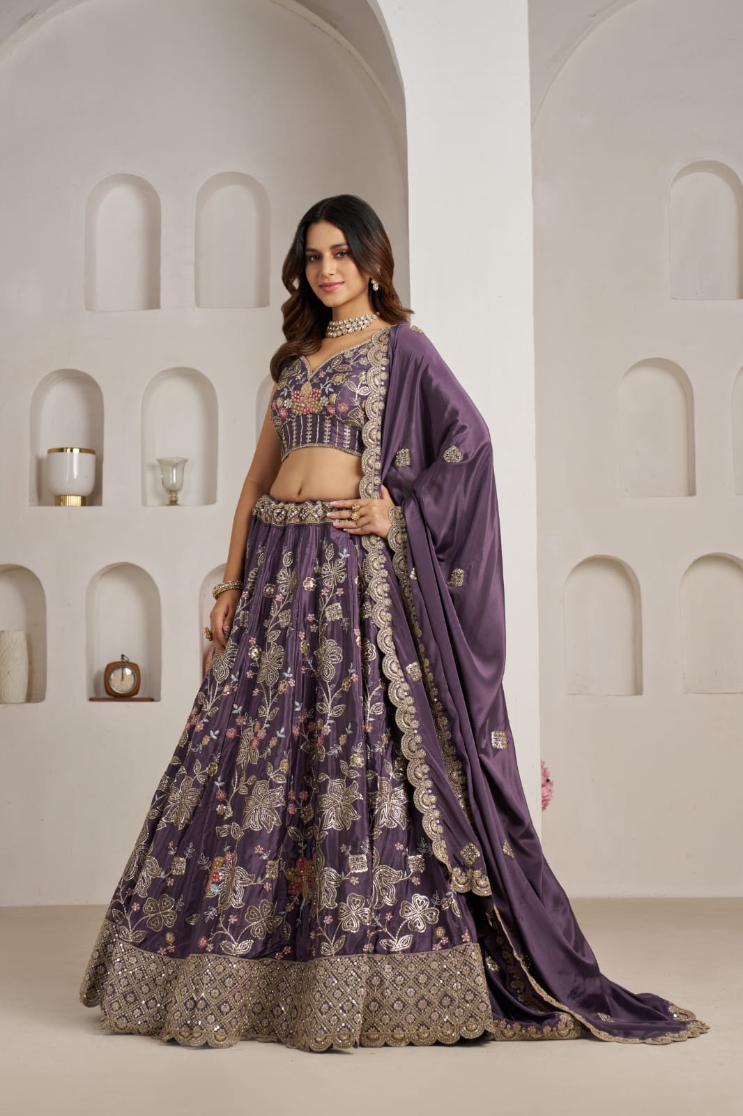 Royal Purple Crepe Silk Lehenga Choli with Floral Embroidery