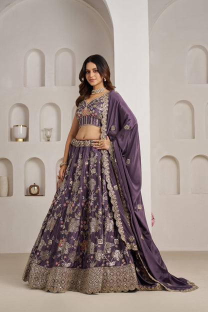Royal Purple Crepe Silk Lehenga Choli with Floral Embroidery