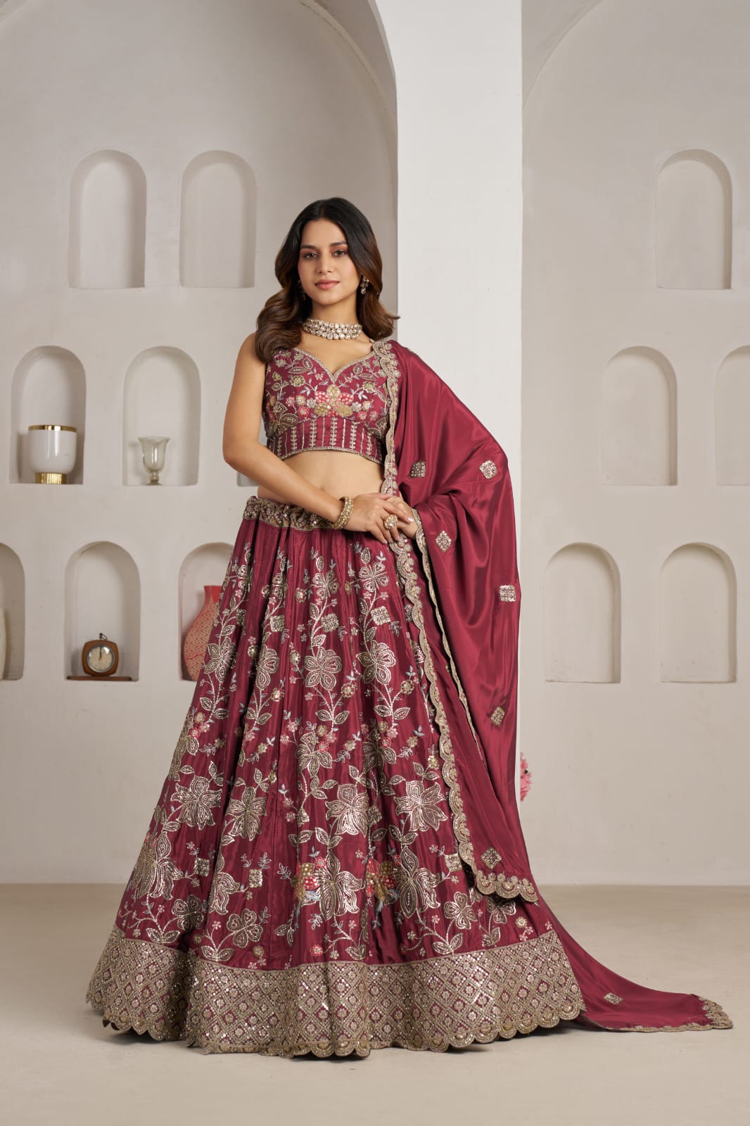 Rani Pink Crepe Silk Lehenga Choli with Floral Embroidery