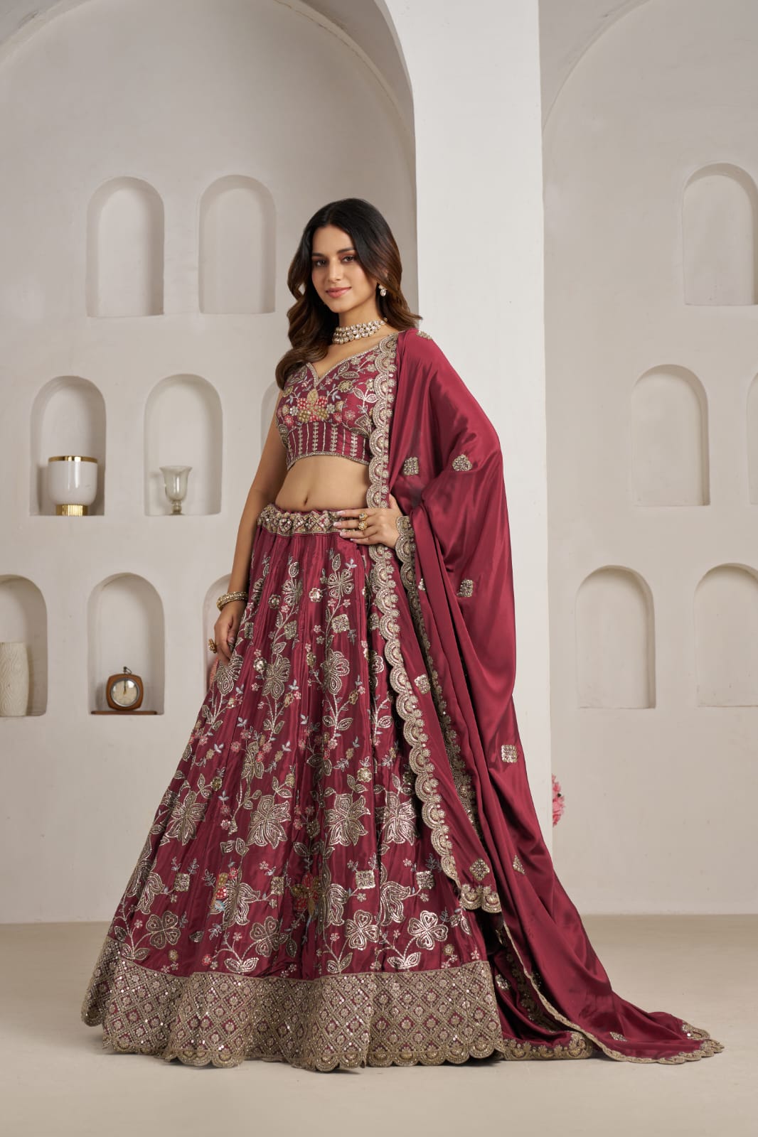 Rani Pink Crepe Silk Lehenga Choli with Floral Embroidery