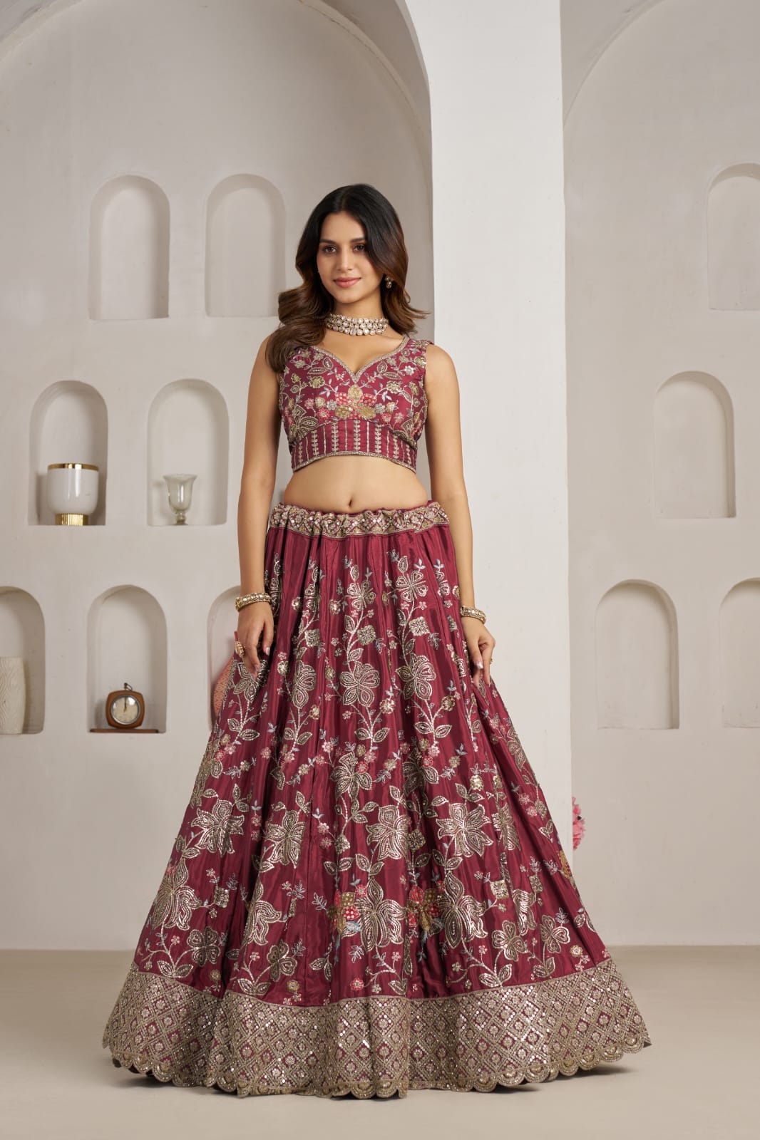 Rani Pink Crepe Silk Lehenga Choli with Floral Embroidery