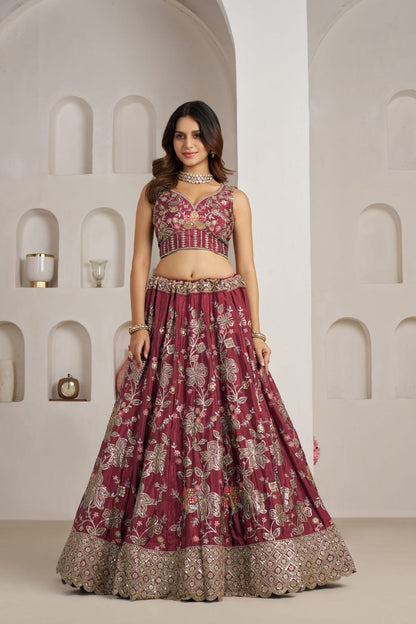Rani Pink Crepe Silk Lehenga Choli with Floral Embroidery