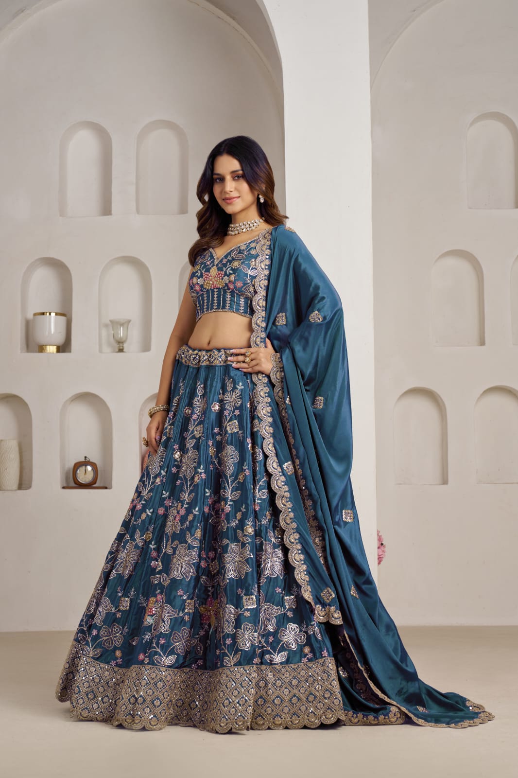 Teal Blue Crepe Silk Lehenga Choli with Floral Embroidery