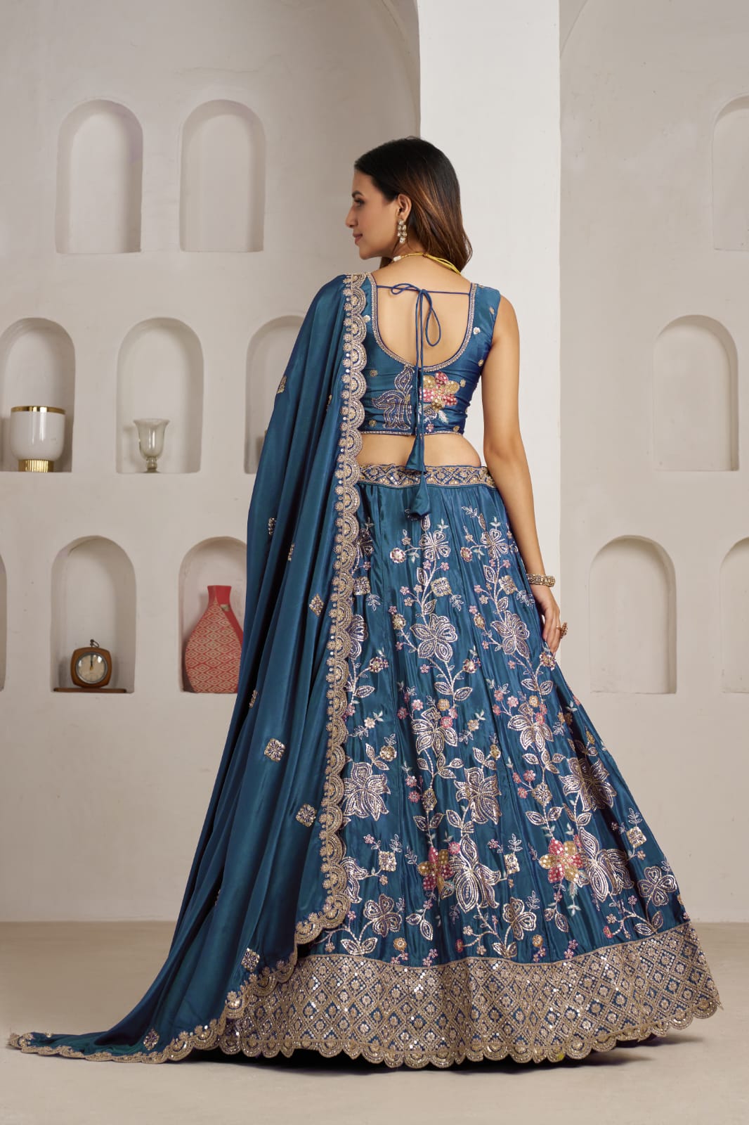 Teal Blue Crepe Silk Lehenga Choli with Floral Embroidery