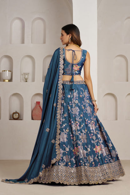 Teal Blue Crepe Silk Lehenga Choli with Floral Embroidery
