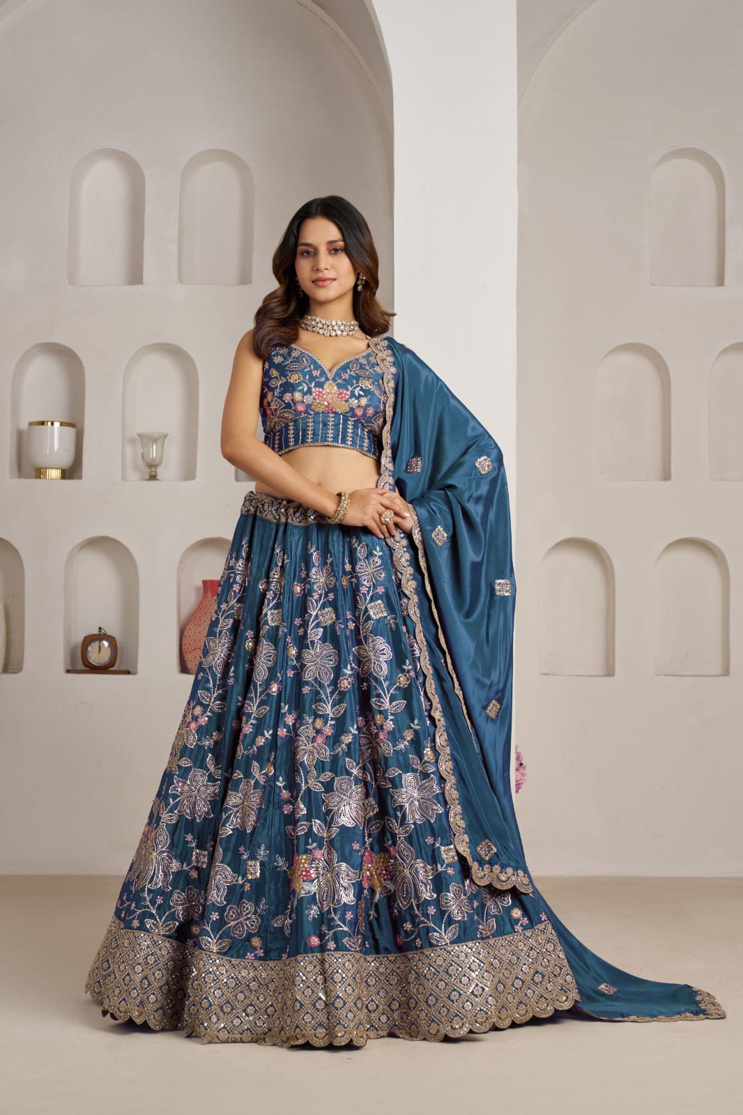 Teal Blue Crepe Silk Lehenga Choli with Floral Embroidery